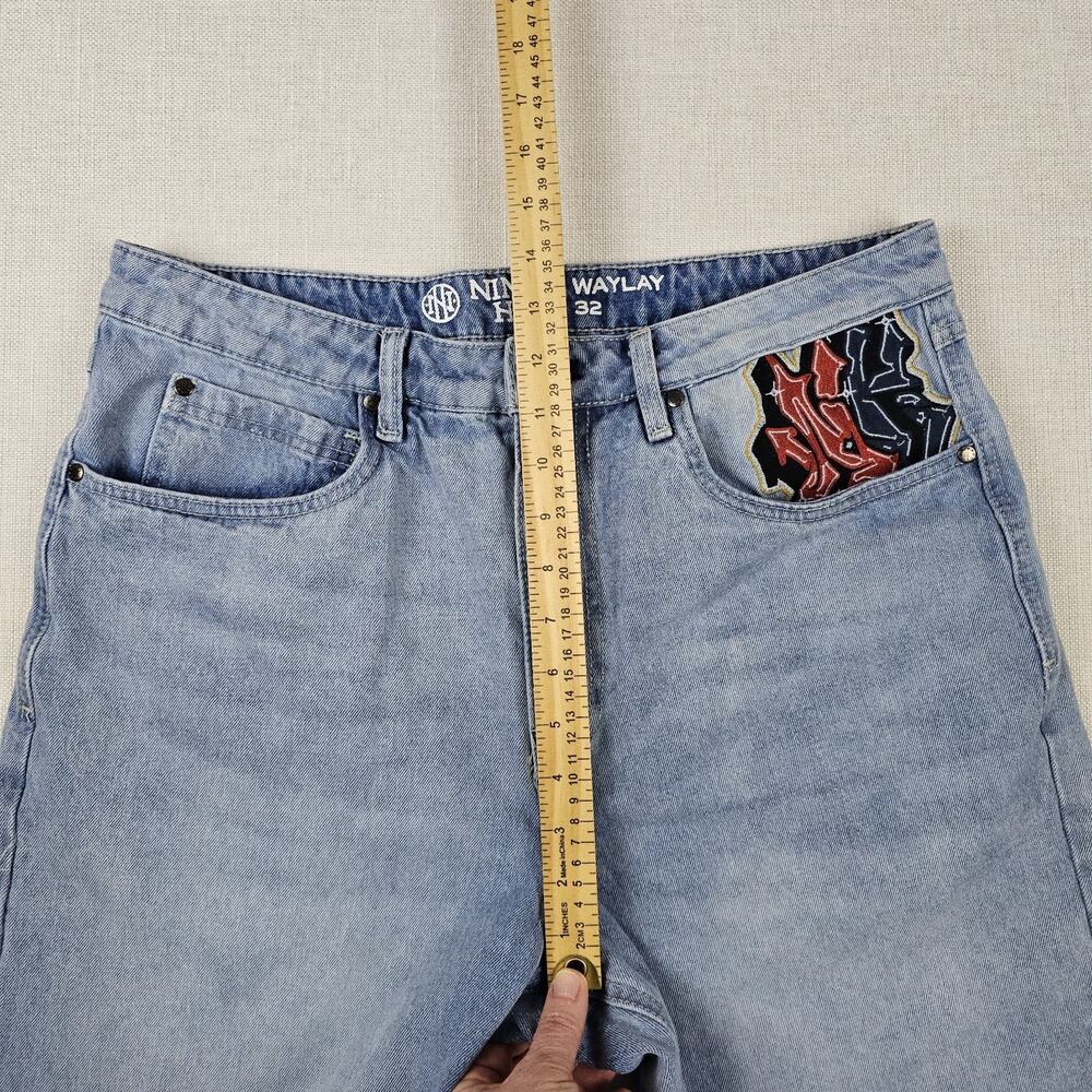 Ninth Hall Waylay Denim Shorts Men’s 32 Light Wash Embroidered Panther Skull Y2K - Picture 4 of 14